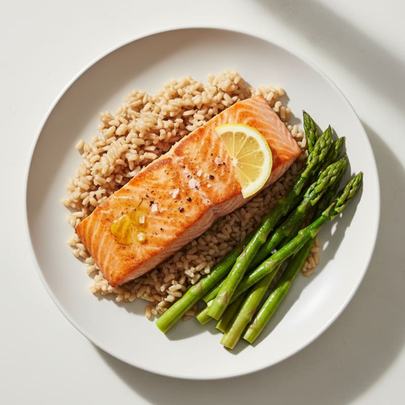 Seared Salmon with Steamed Asparagus and Brown Rice
