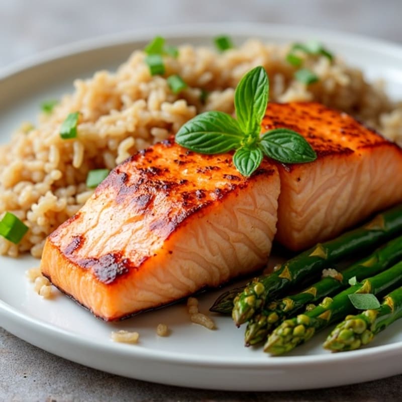 Seared Salmon Fillets with Brown Rice and Roasted Asparagus