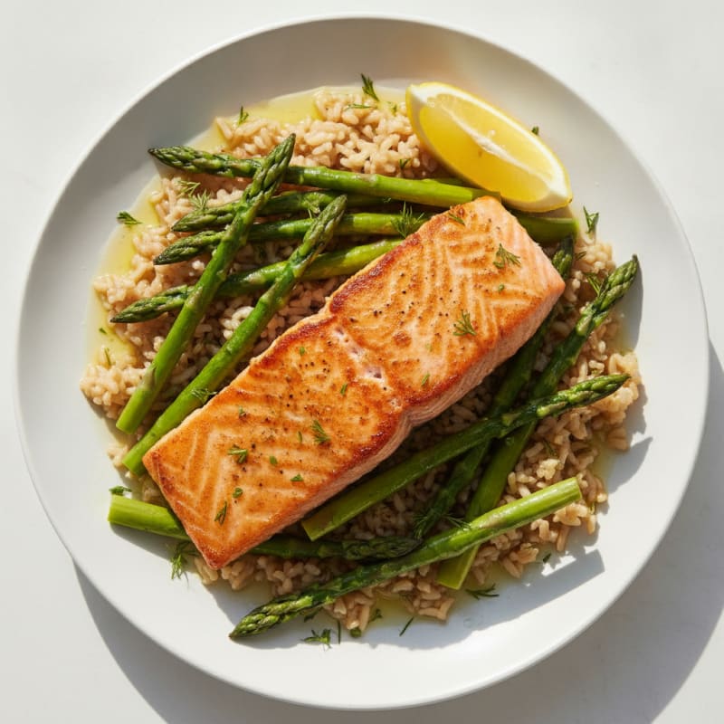 Seared Salmon Fillet with Steamed Asparagus and Brown Rice