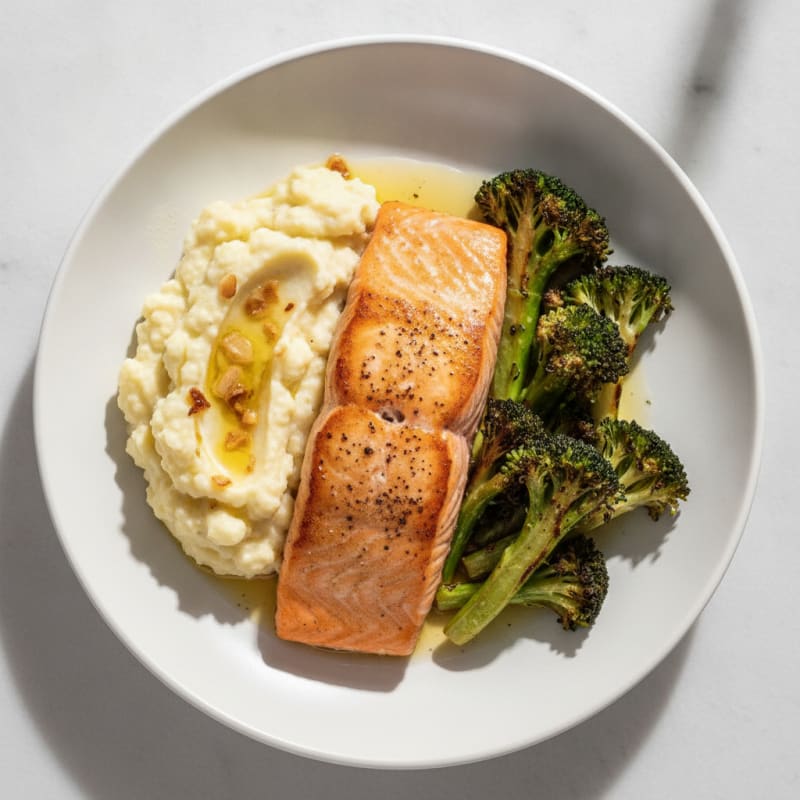 Seared Salmon with Roasted Broccoli and Garlic Mashed Cauliflower
