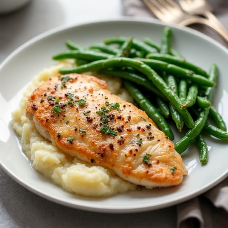 Pan-Seared Chicken with Buttery Garlic Mashed Potatoes and Crispy Roasted Green Beans