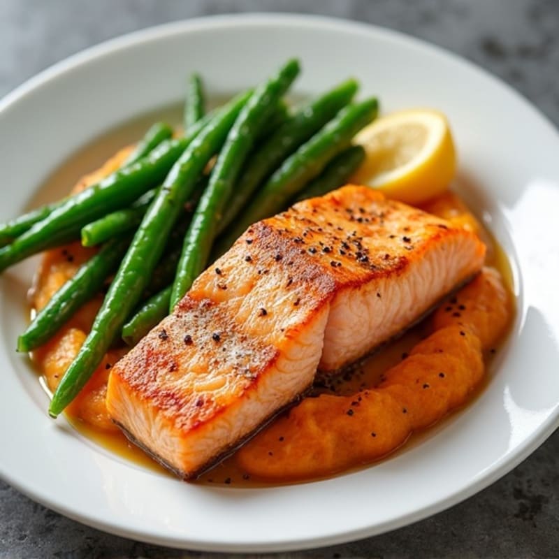Seared Salmon with Steamed Green Beans and Sweet Potato Mash