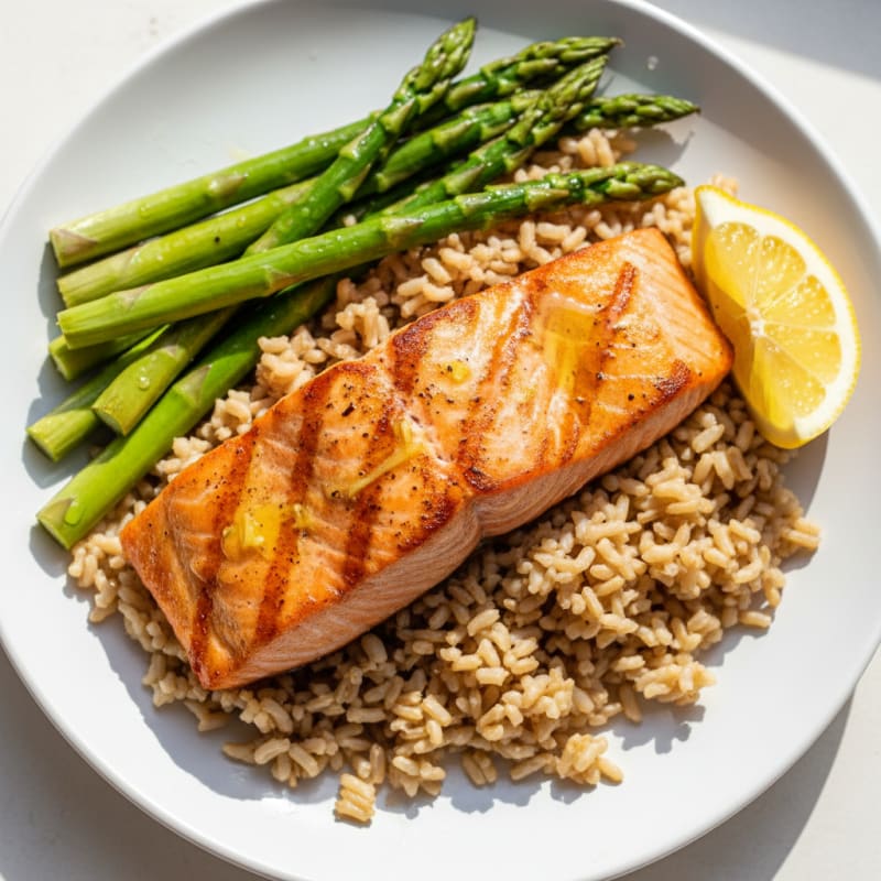 Seared Salmon with Steamed Asparagus and Brown Rice