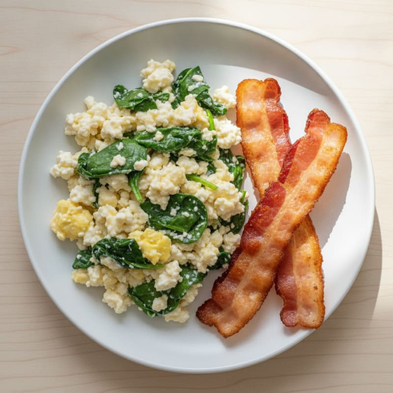 Cottage Cheese Egg Scramble with Spinach and Turkey Bacon