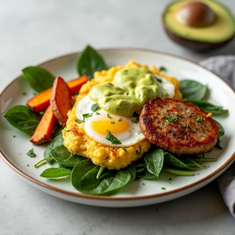 Crispy Turkey Sausage and Spinach Egg Scramble with Sweet Potatoes