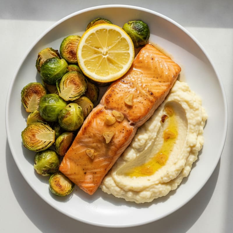 Seared Salmon Fillet with Roasted Brussels Sprouts and Cauliflower Mash