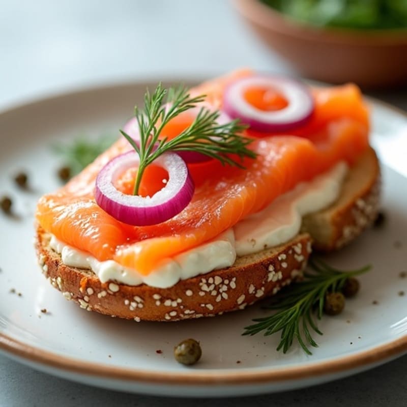 Open-Face Smoked Salmon with Herbed Cream Cheese on Toasted Everything Bagel