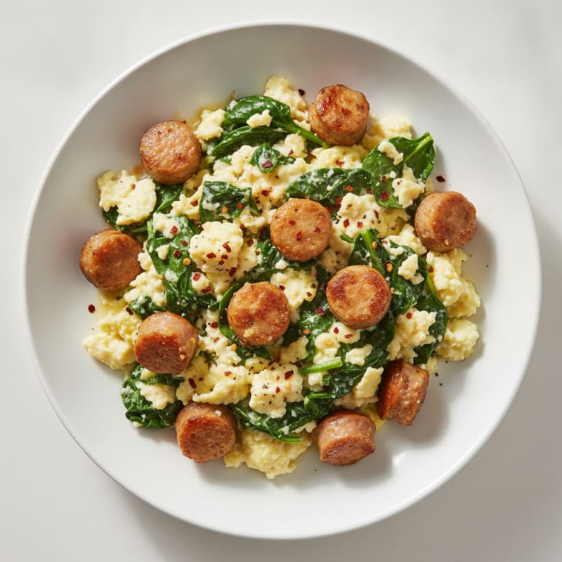 Egg White Spinach Scramble with Turkey Sausage