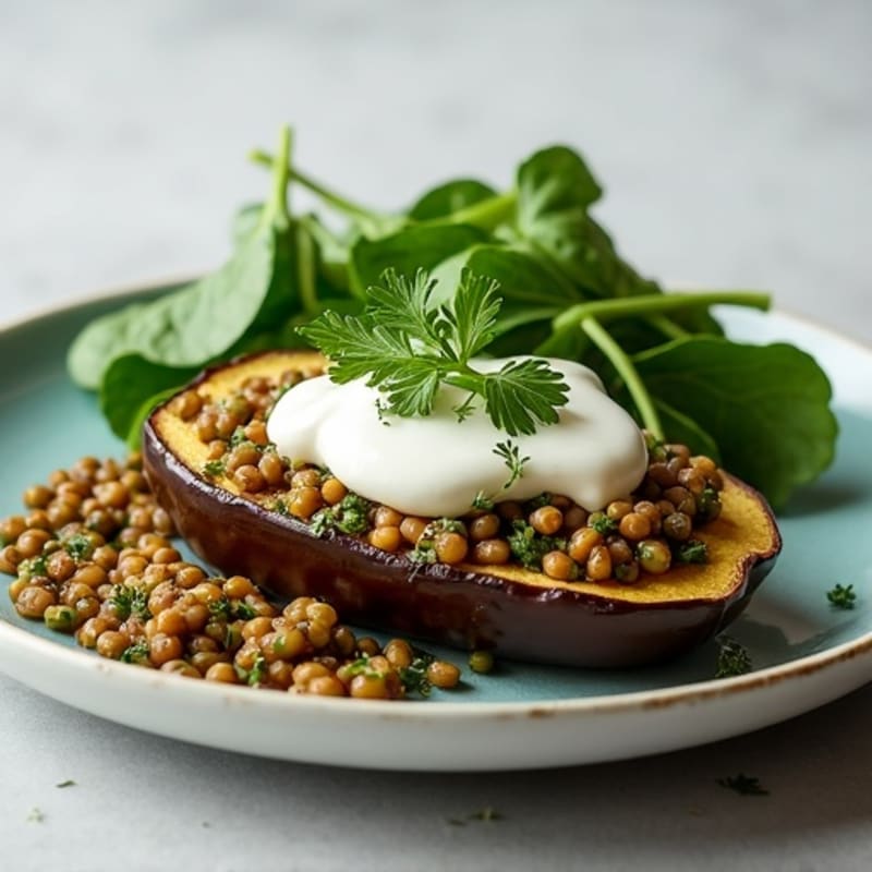Roasted Eggplant Stuffed with Herbed Lentils and Spinach