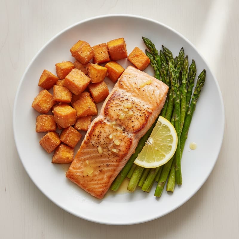 Seared Salmon with Roasted Sweet Potatoes and Asparagus
