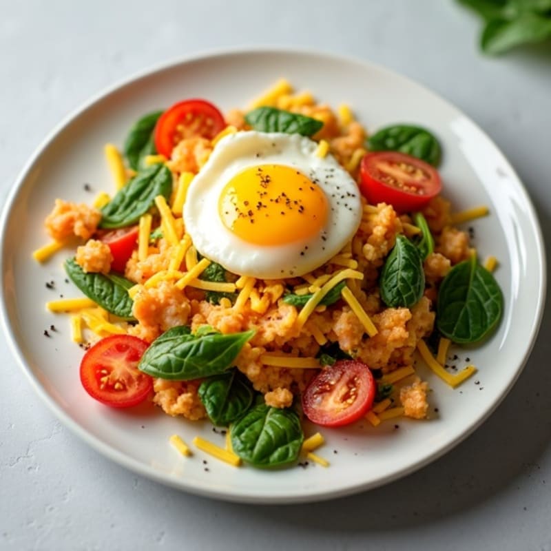 Egg and Veggie Scramble with Shredded Cheddar and Smoked Salmon