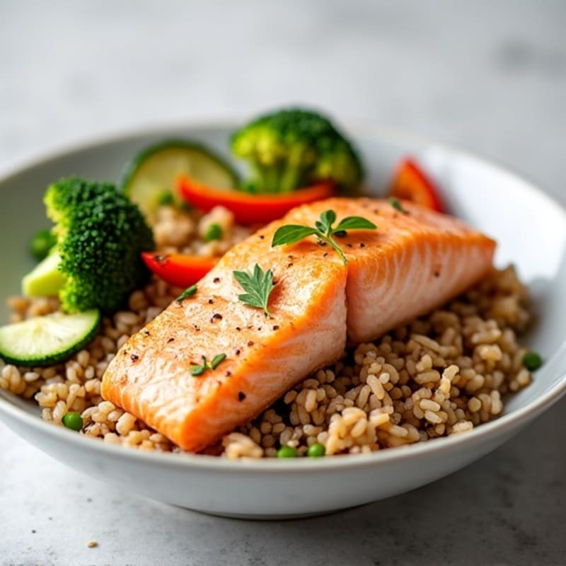 Fresh Salmon and Crispy Vegetable Rice Bowl