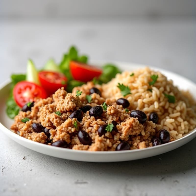 Lean Ground Turkey with Black Beans, Rice, and Fresh Cucumber Tomato Salad