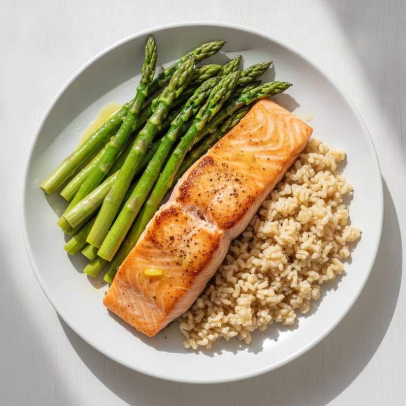 Seared Salmon with Steamed Asparagus and Brown Rice