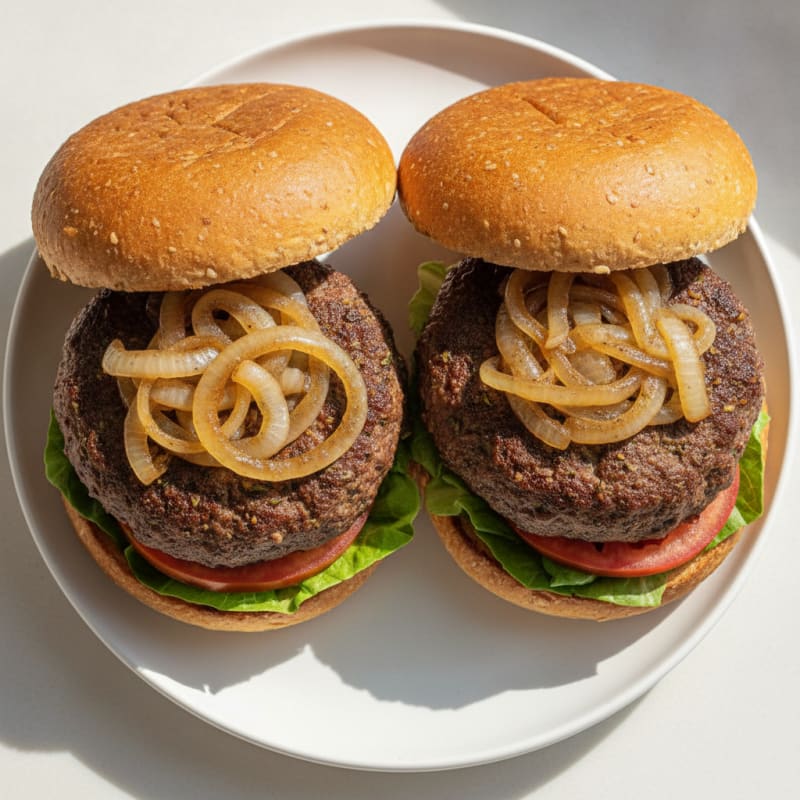 Lean Beef Burgers with Caramelized Onions