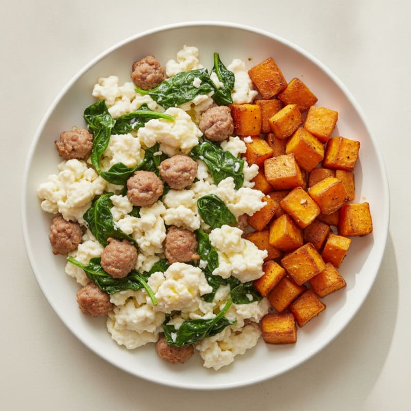 Egg White and Turkey Sausage Scramble with Spinach and Roasted Sweet Potato