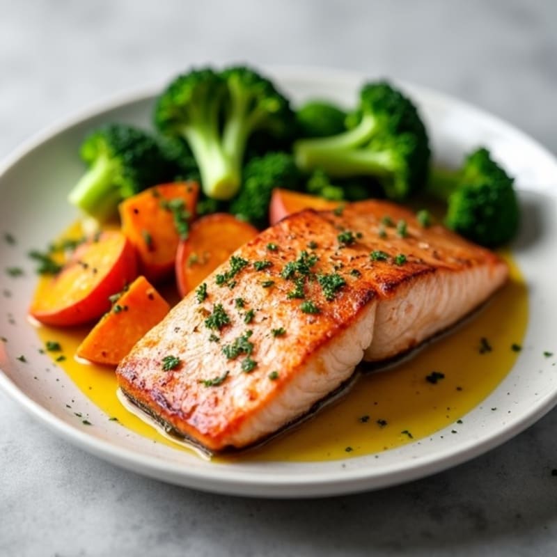 Seared Salmon with Roasted Sweet Potatoes and Broccoli