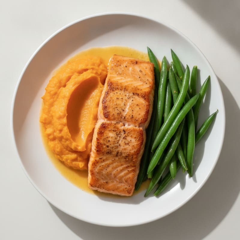 Seared Salmon Filet with Steamed Green Beans and Sweet Potato Mash