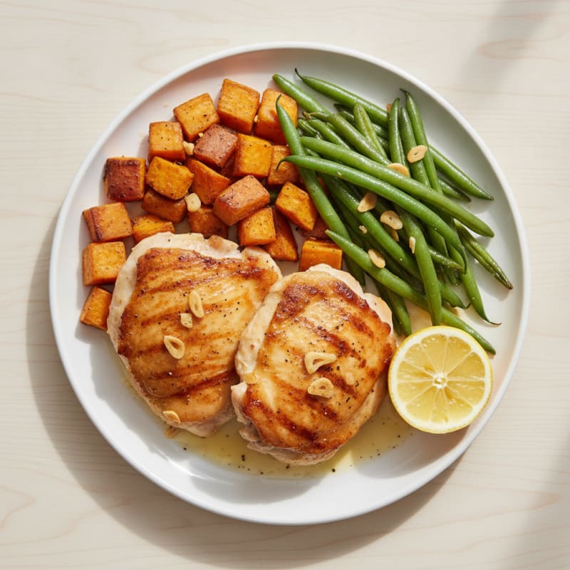 Seared Chicken Thighs with Roasted Sweet Potatoes and Green Beans