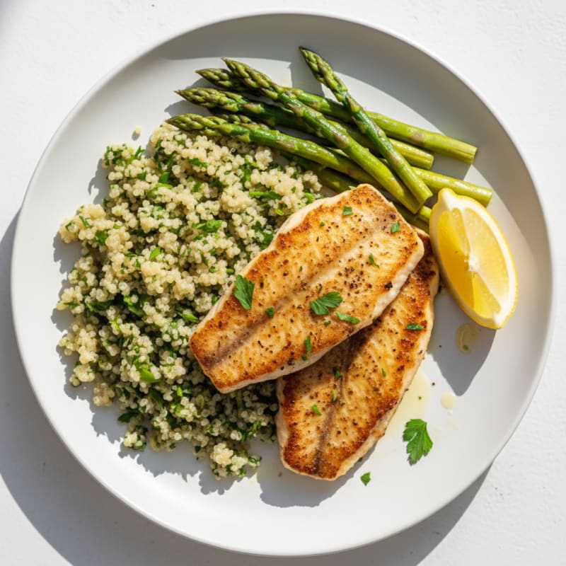 Seared Tilapia with Steamed Asparagus and Herb Quinoa