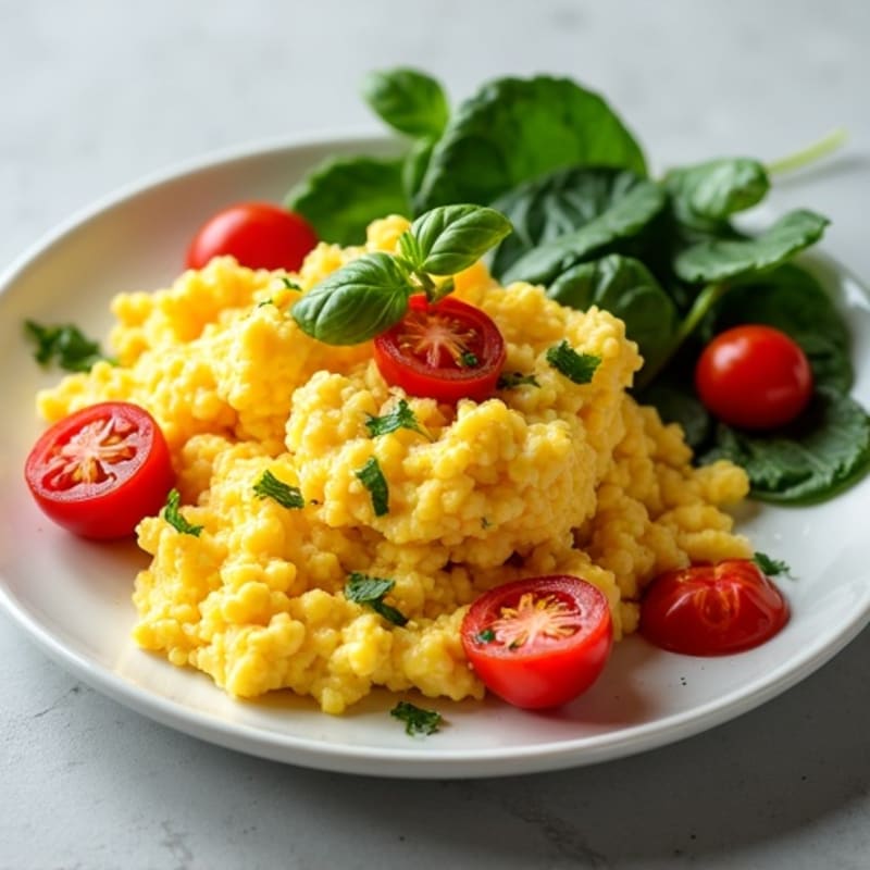 Fluffy Scrambled Eggs with Sautéed Spinach and Cherry Tomatoes