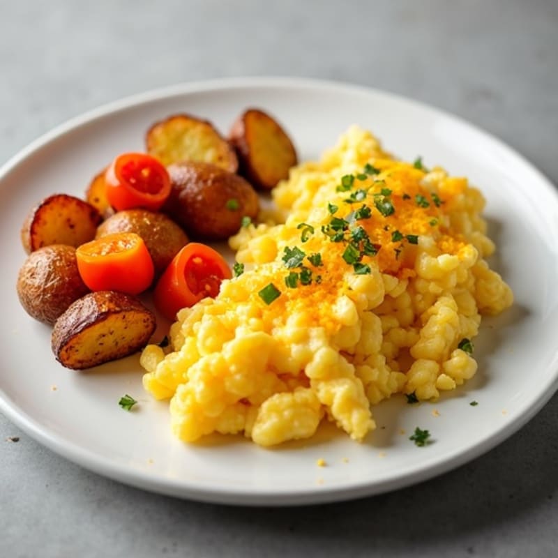 Crispy Roasted Potatoes and Bell Peppers with Cheesy Scrambled Eggs