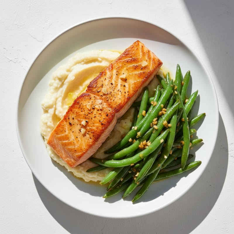 Seared Salmon with Garlic Green Beans and Cauliflower Mash