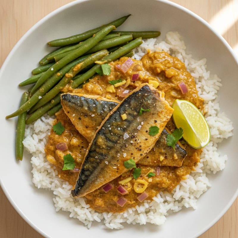 Mackerel Curry with Rice and Green Beans