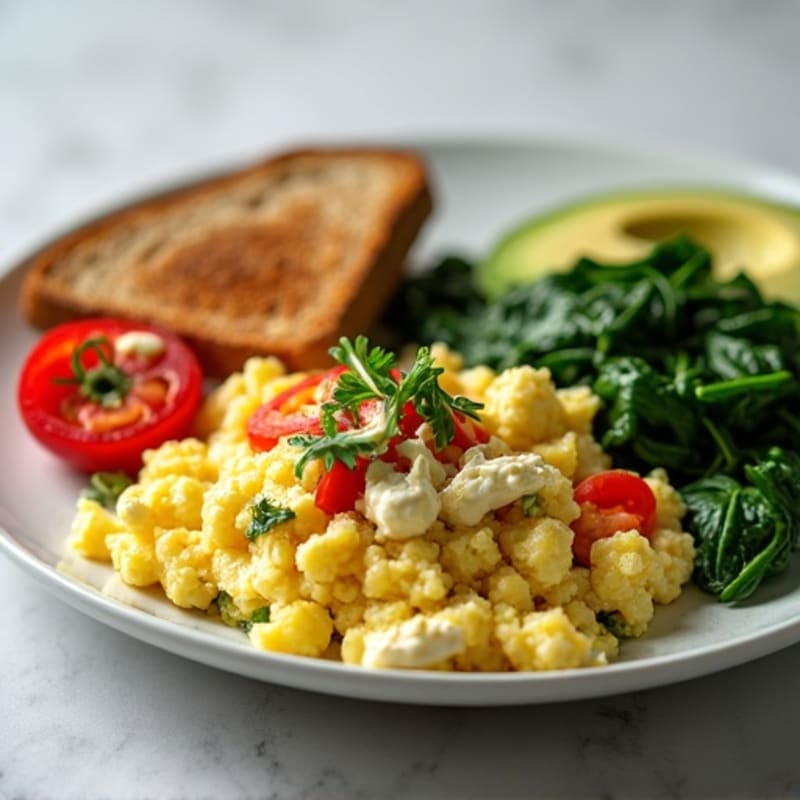 Egg White Veggie Scramble with Cottage Cheese and Sautéed Spinach