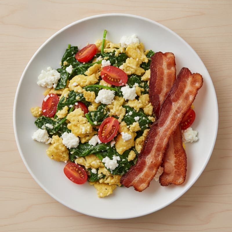 Cottage Cheese and Egg Scramble with Spinach and Turkey Bacon