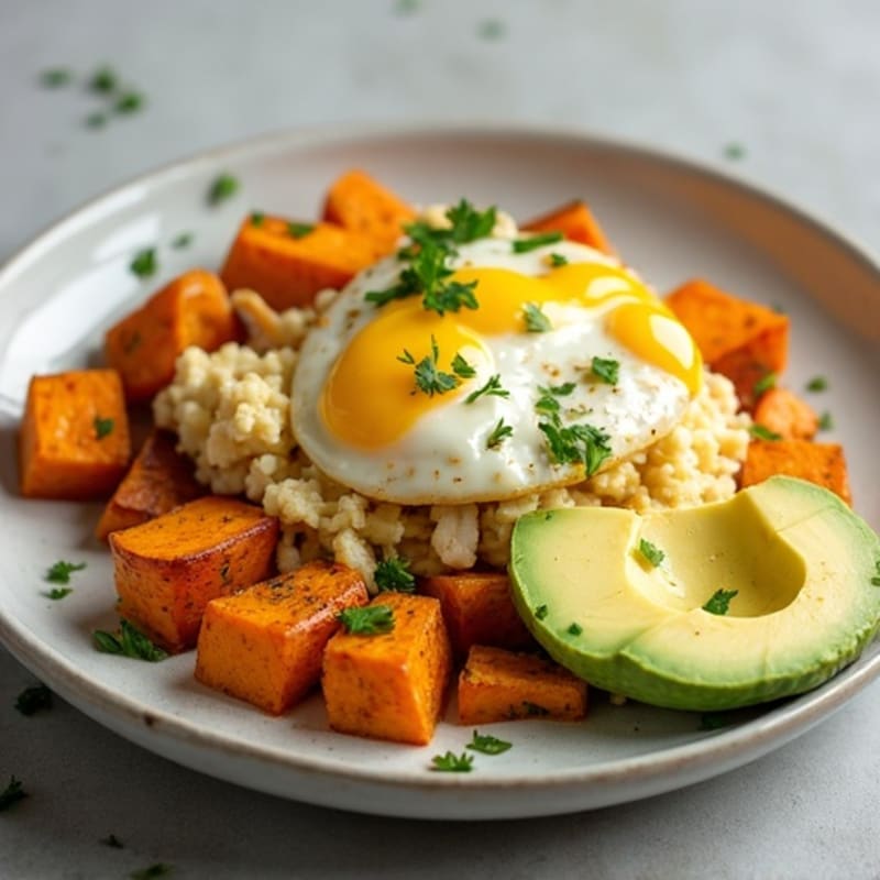 Egg White and Smoked Turkey Scramble with Roasted Sweet Potatoes