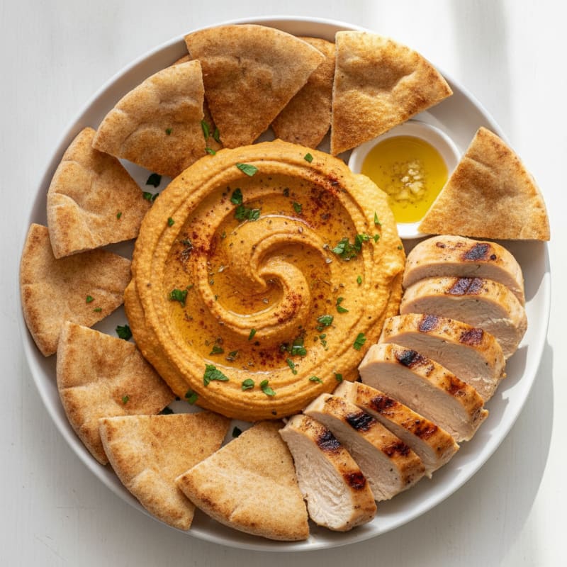 Roasted Red Pepper Hummus with Grilled Chicken and Toasted Pita