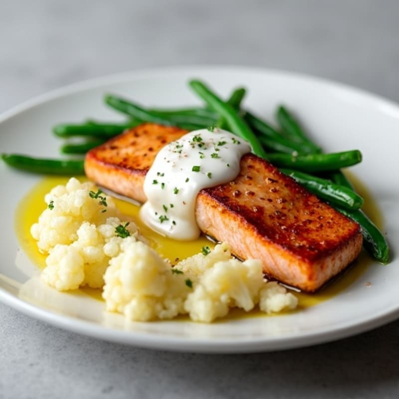 Seared Salmon with Steamed Green Beans and Garlic Mashed Cauliflower
