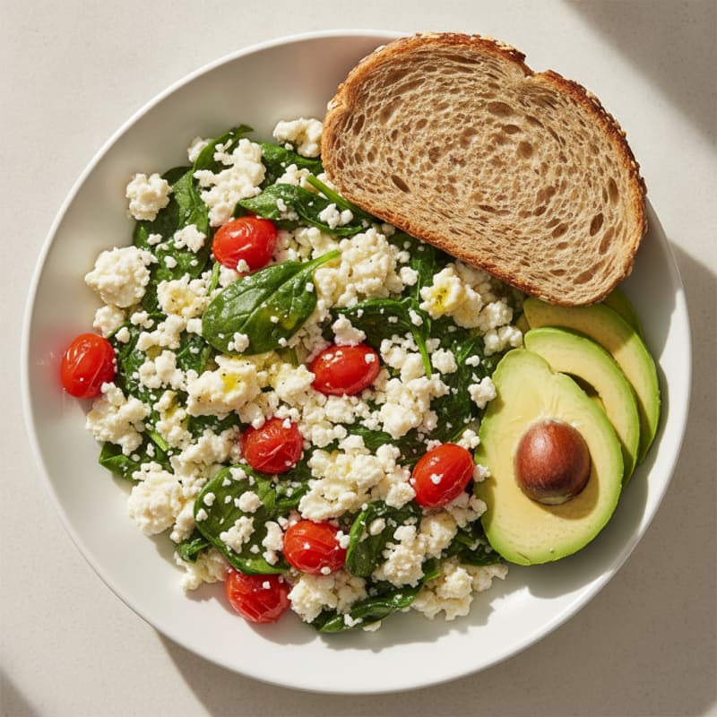 Egg White and Cottage Cheese Scramble with Spinach and Cherry Tomatoes
