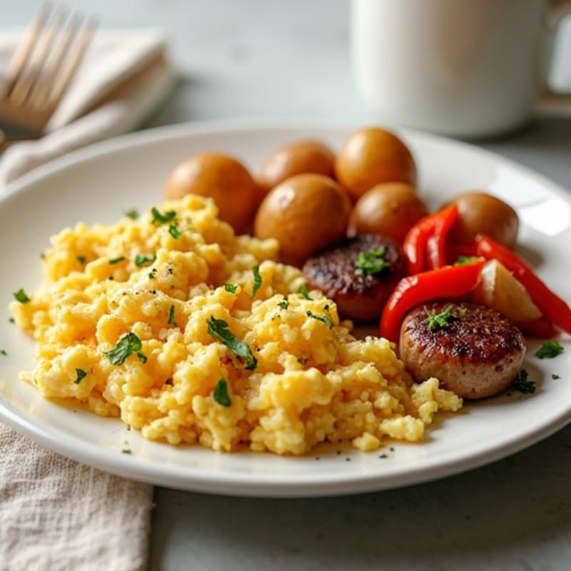 Egg White and Chicken Sausage Scramble with Roasted Potatoes and Bell Peppers