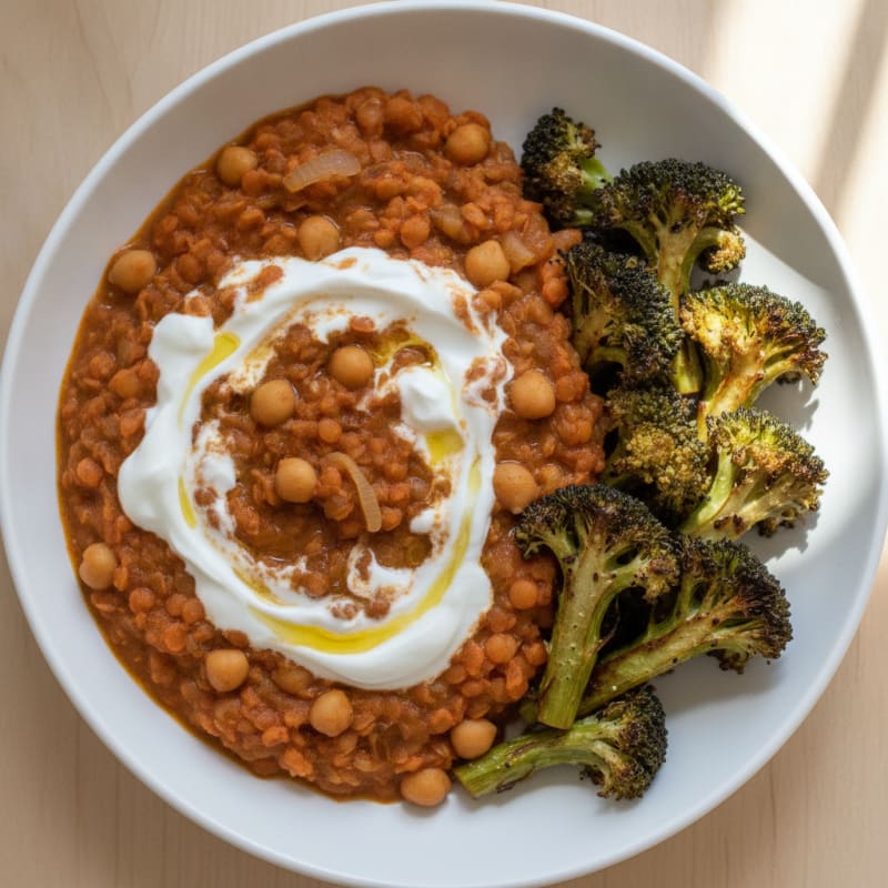 Creamy Lentil and Chickpea Stew with Roasted Broccoli