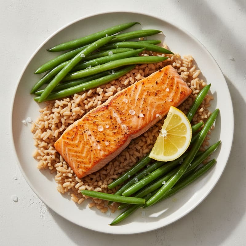 Seared Salmon with Steamed Green Beans and Brown Rice