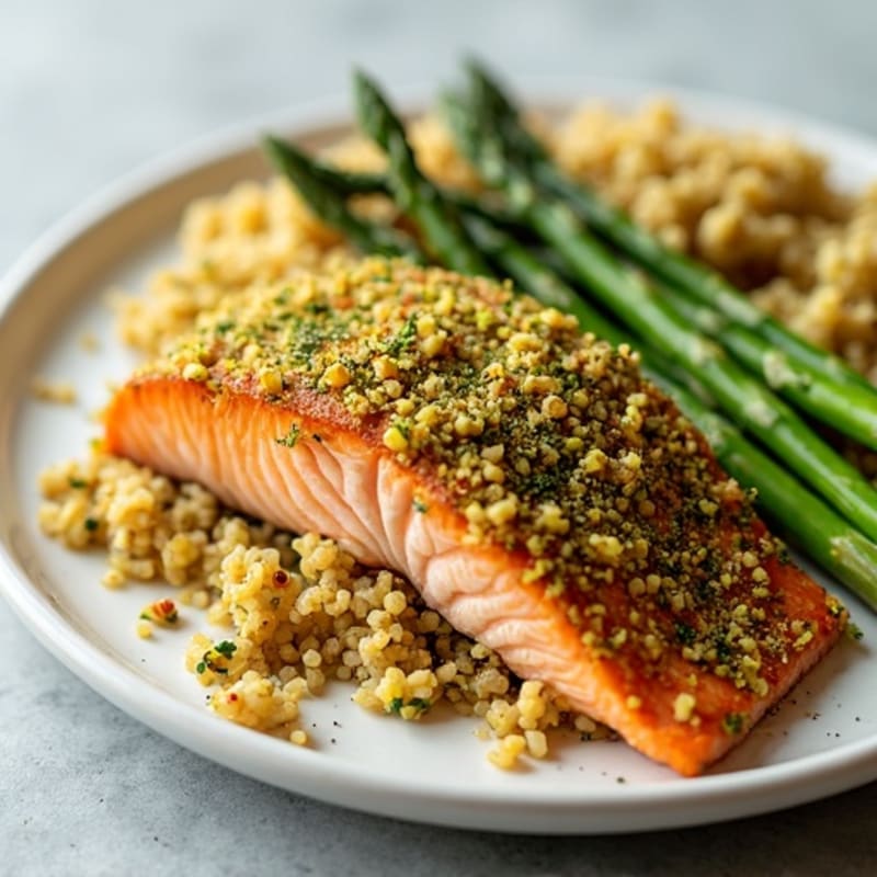 Crispy Pistachio-Crusted Salmon with Fresh Lemon-Dill Quinoa and Roasted Asparagus