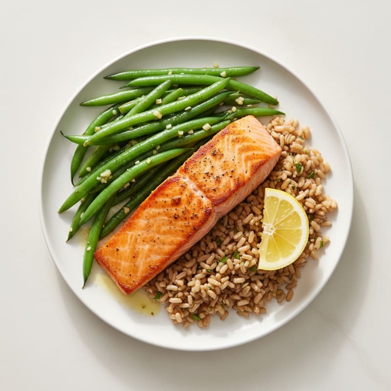 Seared Salmon with Garlic Green Beans and Brown Rice