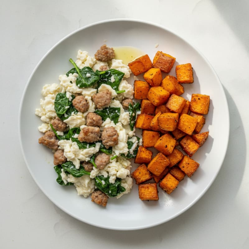 Egg White and Turkey Sausage Scramble with Spinach and Roasted Sweet Potatoes