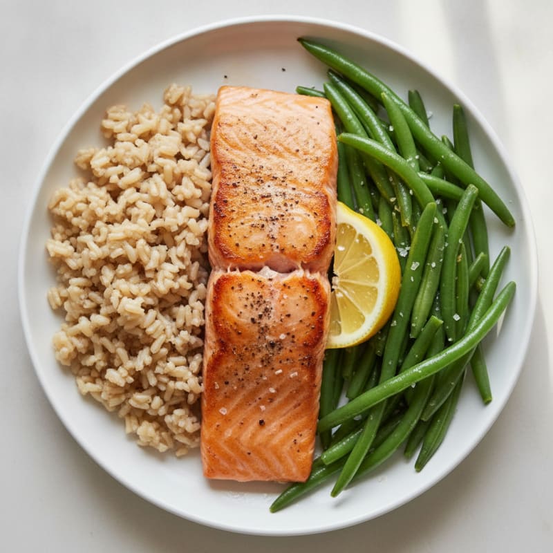 Seared Salmon Fillet with Steamed Green Beans and Brown Rice