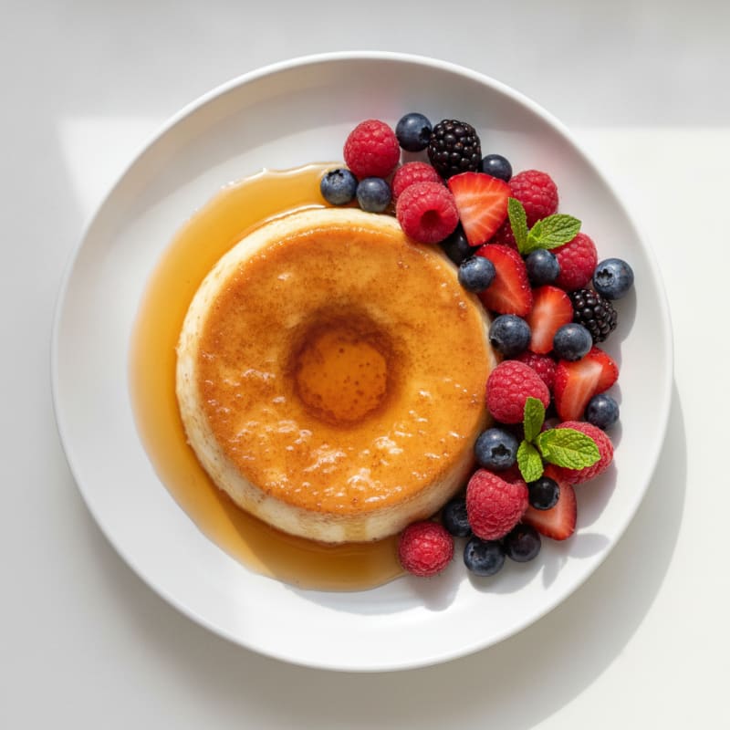 Silky Vanilla Protein Flan with Fresh Berries