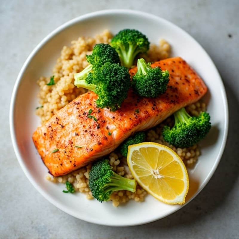 Seared Salmon Fillet with Roasted Broccoli and Quinoa