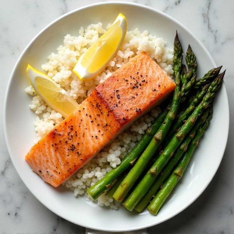 Seared Salmon with Cauliflower Rice and Sautéed Asparagus