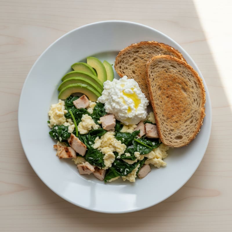Egg White and Spinach Scramble with Cottage Cheese and Sliced Turkey