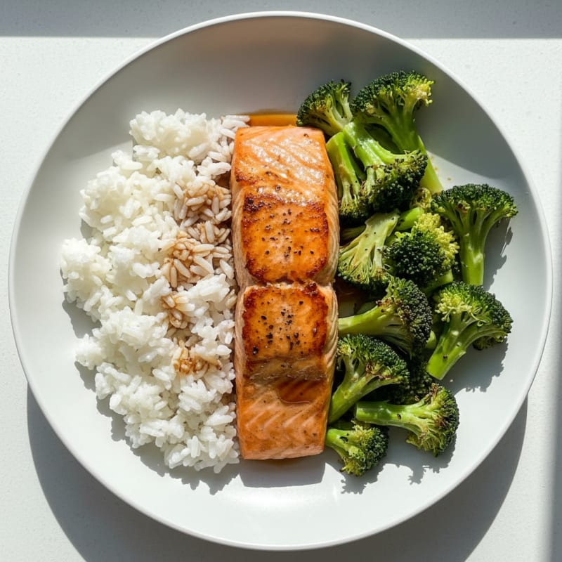 Seared Salmon with Steamed Rice and Roasted Broccoli