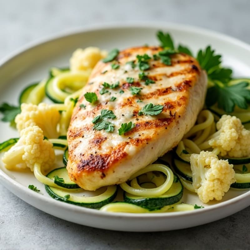 Creamy Cauliflower Alfredo Chicken with Zucchini Noodles