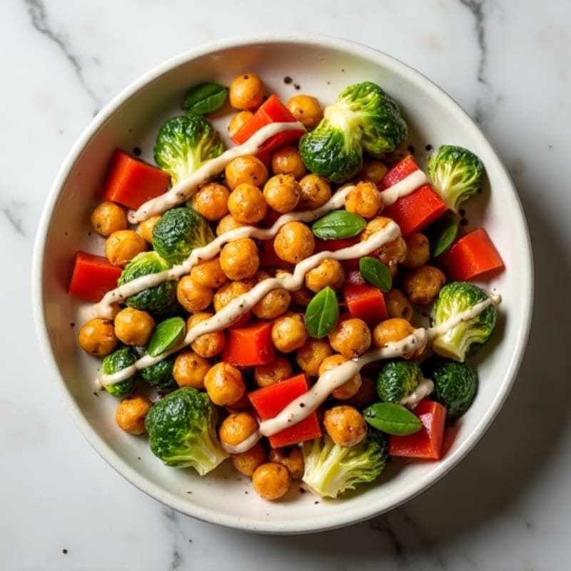 Crispy Roasted Chickpeas and Vegetables with Tahini Drizzle