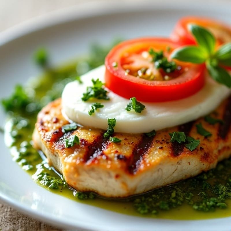 Grilled Chicken with Fresh Tomato, Creamy Mozzarella, and Basil Pesto