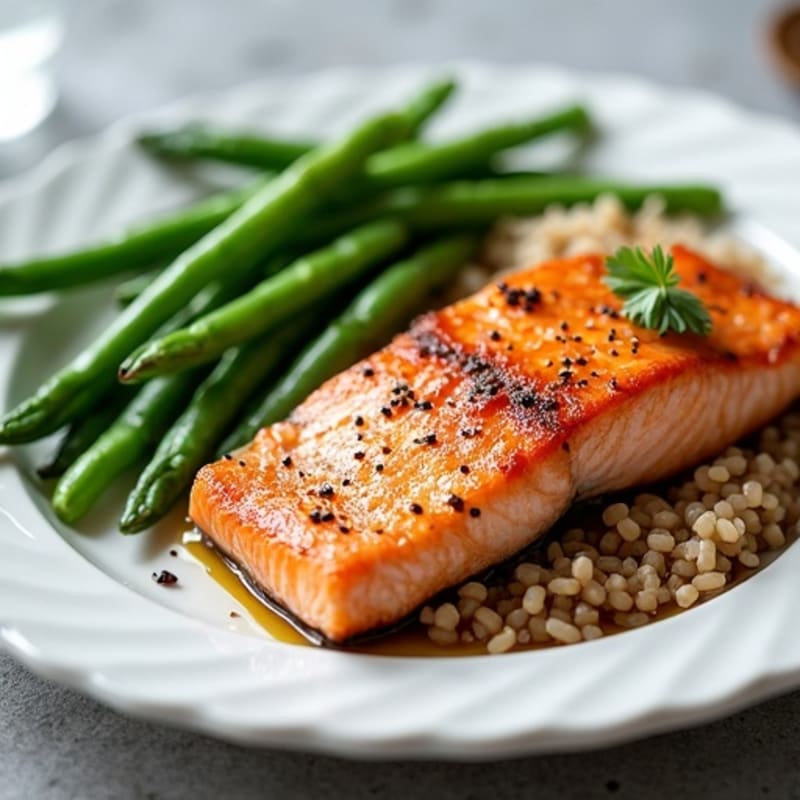 Seared Salmon with Steamed Green Beans and Brown Rice